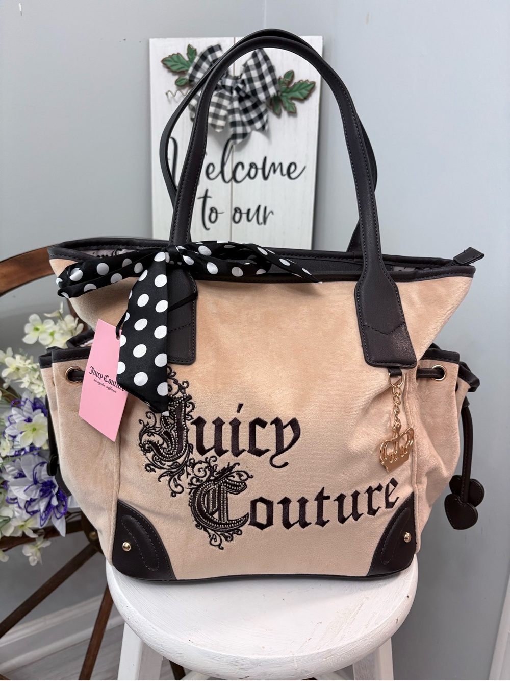 JUICY COUTURE Beige and Black Suede Tote with gold crown bag charm NWT